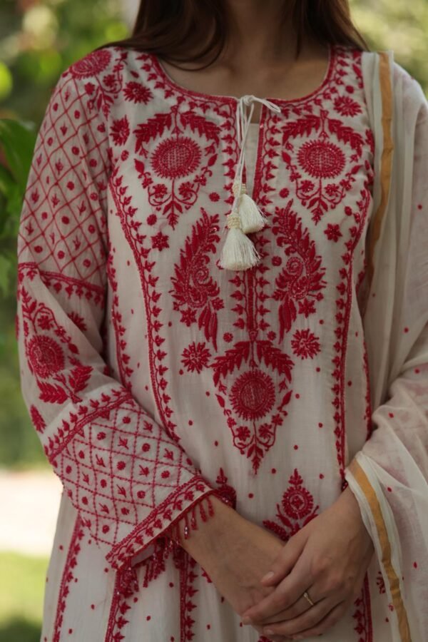 Red & White Mulmul Pearl Work Chikankari Anarkali With Dupatta - Image 2