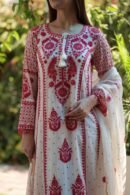 Red & White Mulmul Pearl Work Chikankari Anarkali With Dupatta