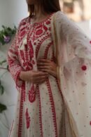 Red & White Mulmul Pearl Work Chikankari Anarkali With Dupatta