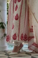 Red & White Mulmul Pearl Work Chikankari Anarkali With Dupatta