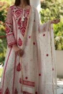 Red & White Mulmul Pearl Work Chikankari Anarkali With Dupatta