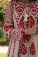 Red & White Mulmul Pearl Work Chikankari Anarkali With Dupatta