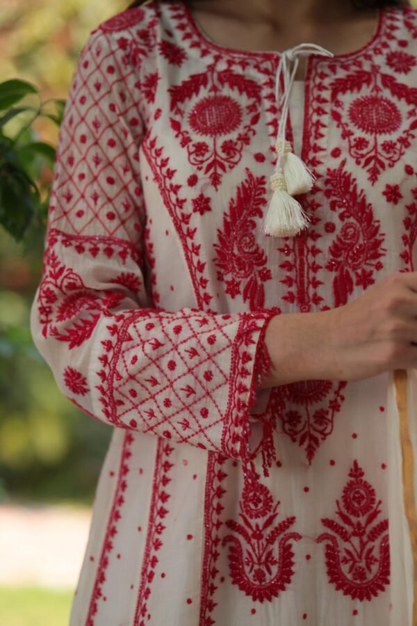 Red & White Mulmul Pearl Work Chikankari Anarkali With Dupatta - Image 11