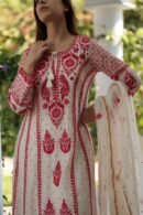 Red & White Mulmul Pearl Work Chikankari Anarkali With Dupatta