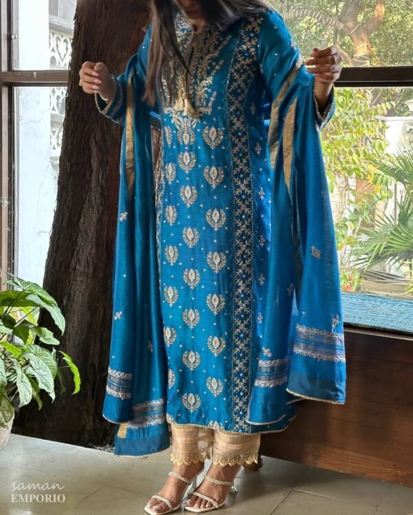 Roheen Moonga Silk Chikankari Ready To Wear Kurta Dupatta Set - Image 6