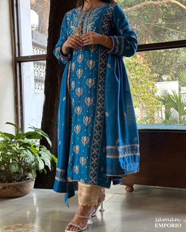 Roheen Moonga Silk Chikankari Ready To Wear Kurta Dupatta Set - Image 5