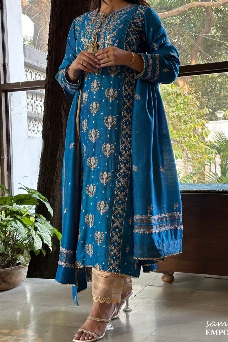 Roheen Moonga Silk Chikankari Ready To Wear Kurta Dupatta Set
