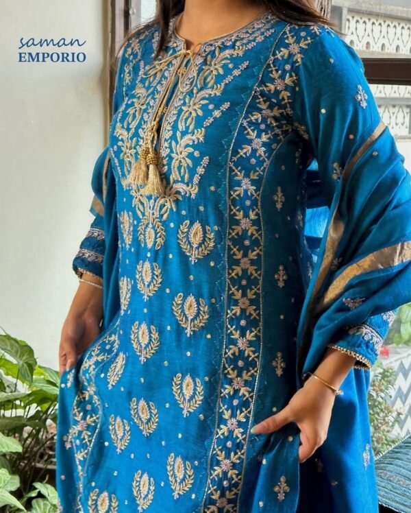 Roheen Moonga Silk Chikankari Ready To Wear Kurta Dupatta Set - Image 2