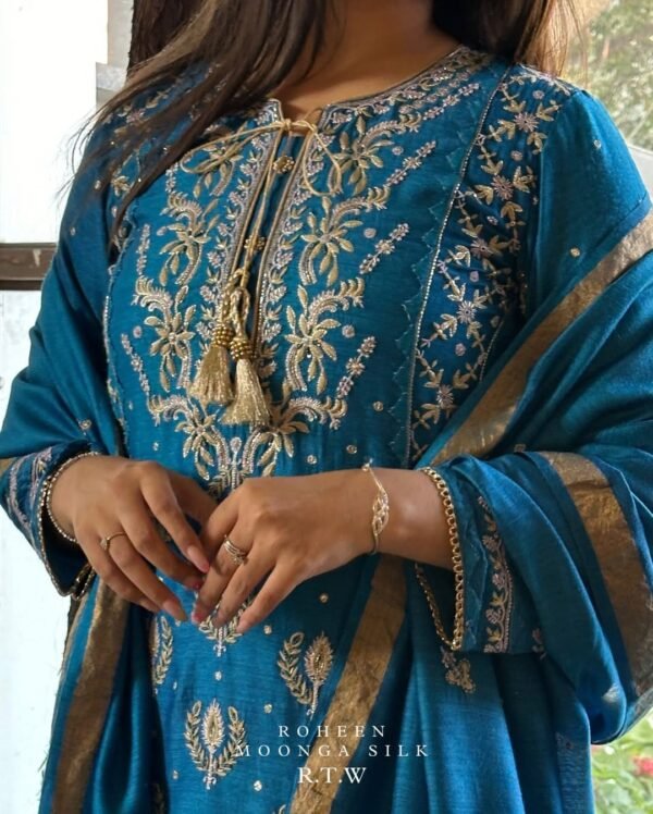 Roheen Moonga Silk Chikankari Ready To Wear Kurta Dupatta Set