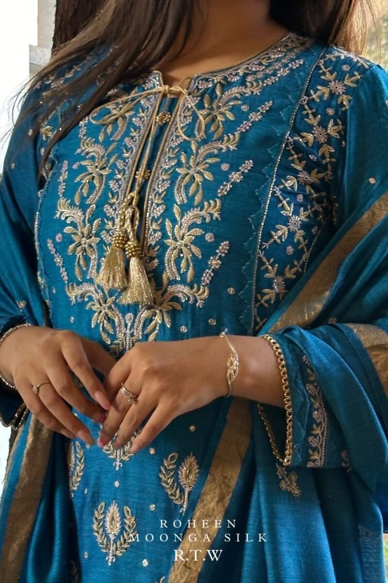 Roheen Moonga Silk Chikankari Ready To Wear Kurta Dupatta Set