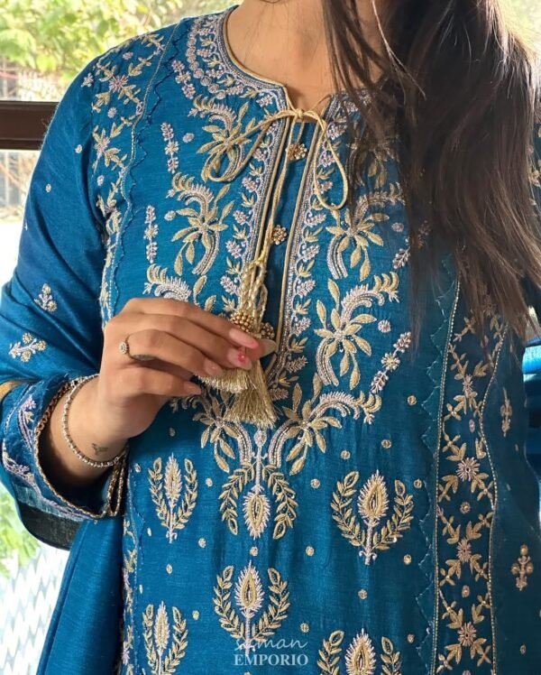Roheen Moonga Silk Chikankari Ready To Wear Kurta Dupatta Set - Image 7