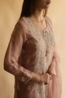 Rose Gold Noor Organza Silk Chikankari Straight Cut Kurta Dupatta Set