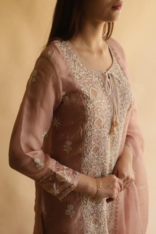 Rose Gold Noor Organza Silk Chikankari Straight Cut Kurta Dupatta Set - Image 4