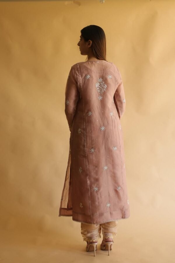 Rose Gold Noor Organza Silk Chikankari Straight Cut Kurta Dupatta Set - Image 5
