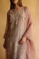 Rose Gold Noor Organza Silk Chikankari Straight Cut Kurta Dupatta Set