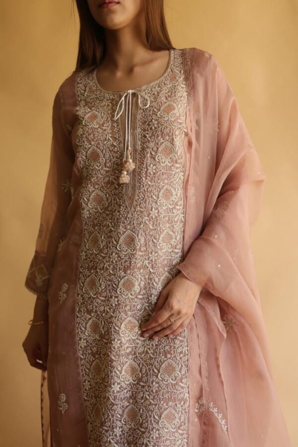 Rose Gold Noor Organza Silk Chikankari Straight Cut Kurta Dupatta Set - Image 8