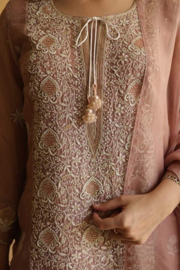 Rose Gold Noor Organza Silk Chikankari Straight Cut Kurta Dupatta Set - Image 9