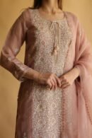 Rose Gold Noor Organza Silk Chikankari Straight Cut Kurta Dupatta Set