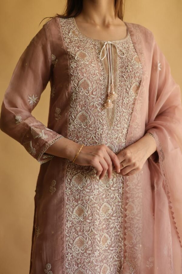 Rose Gold Noor Organza Silk Chikankari Straight Cut Kurta Dupatta Set
