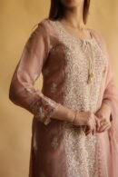 Rose Gold Noor Organza Silk Chikankari Straight Cut Kurta Dupatta Set