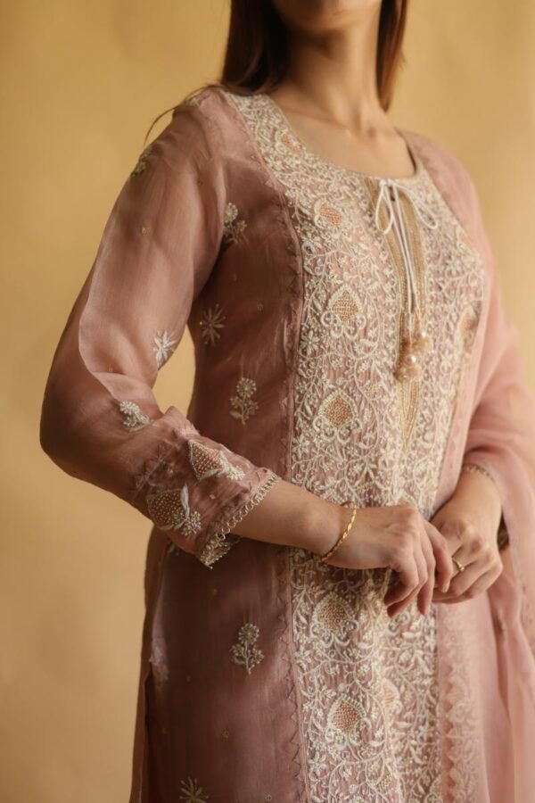 Rose Gold Noor Organza Silk Chikankari Straight Cut Kurta Dupatta Set - Image 2
