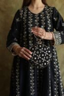 Round Shape Black Pure Georgette Mukaish Badla Sling Clutch