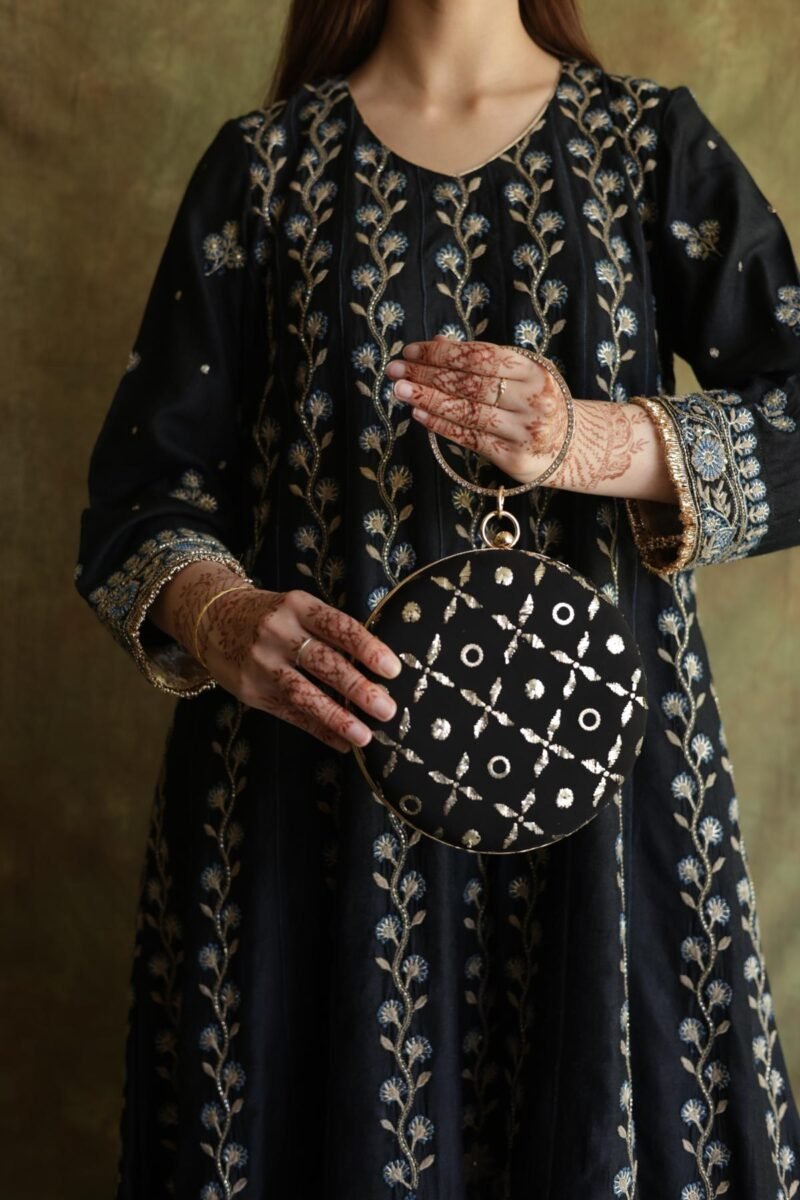 Round Shape Black Pure Georgette Mukaish Badla Sling Clutch