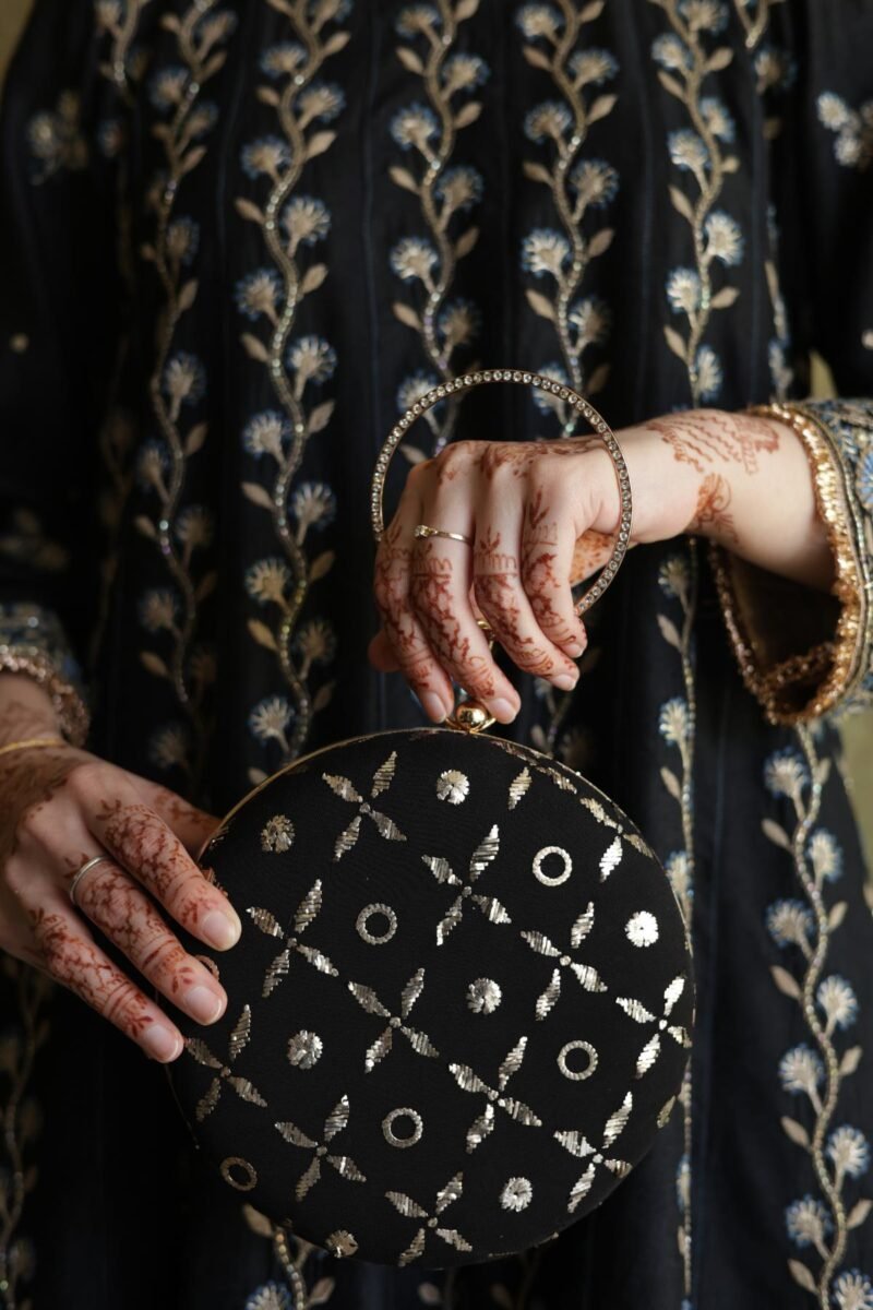 Round Shape Black Pure Georgette Mukaish Badla Sling Clutch