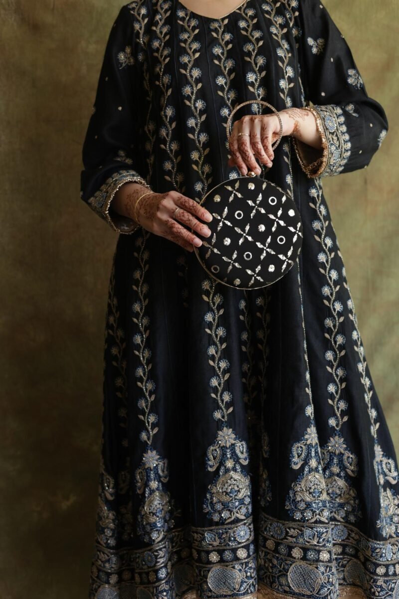 Round Shape Black Pure Georgette Mukaish Badla Sling Clutch