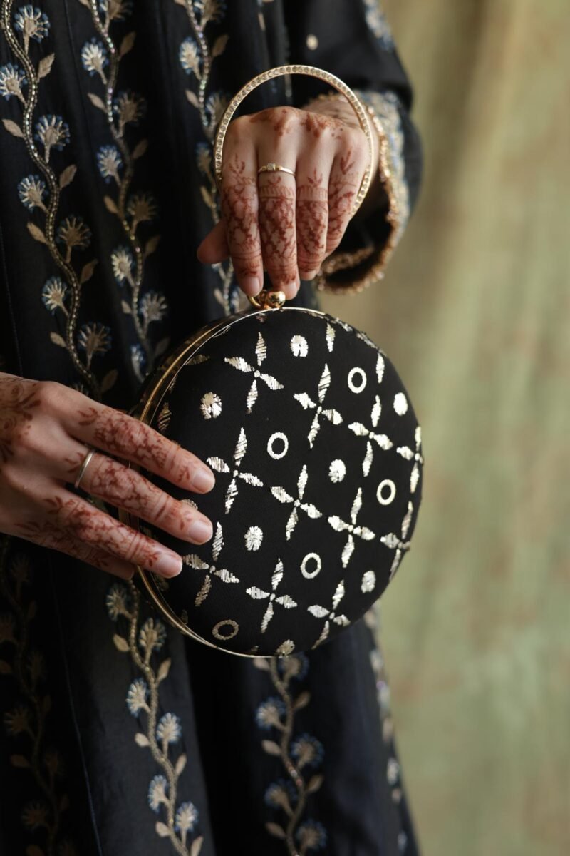 Round Shape Black Pure Georgette Mukaish Badla Sling Clutch