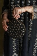 Round Shape Black Pure Georgette Mukaish Badla Sling Clutch