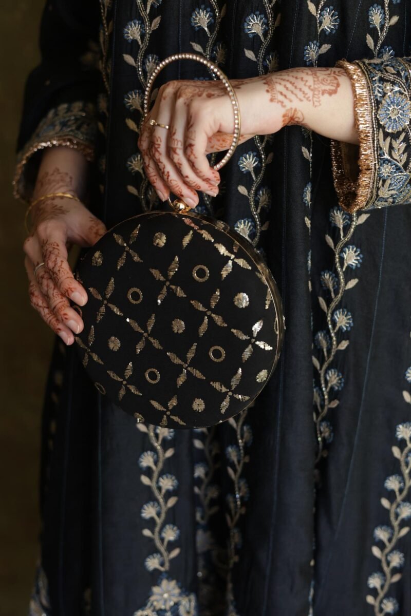 Round Shape Black Pure Georgette Mukaish Badla Sling Clutch