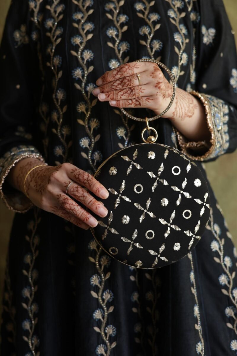 Round Shape Black Pure Georgette Mukaish Badla Sling Clutch