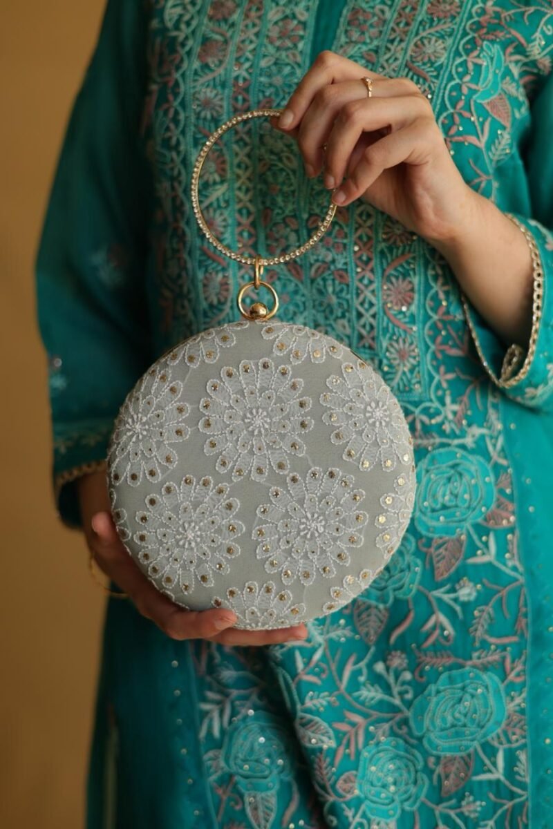 Round Shape Blue Pure Georgette Mukaish Kamdani Sling Clutch