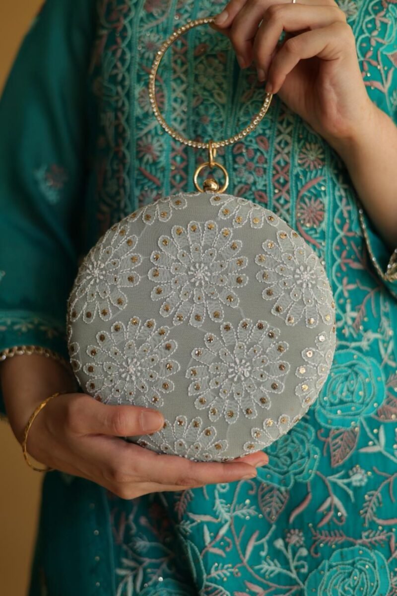 Round Shape Blue Pure Georgette Mukaish Kamdani Sling Clutch