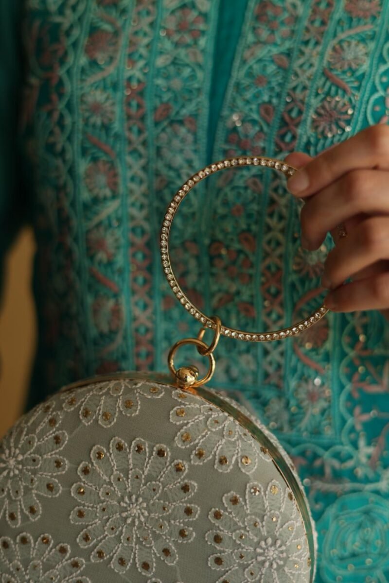Round Shape Blue Pure Georgette Mukaish Kamdani Sling Clutch