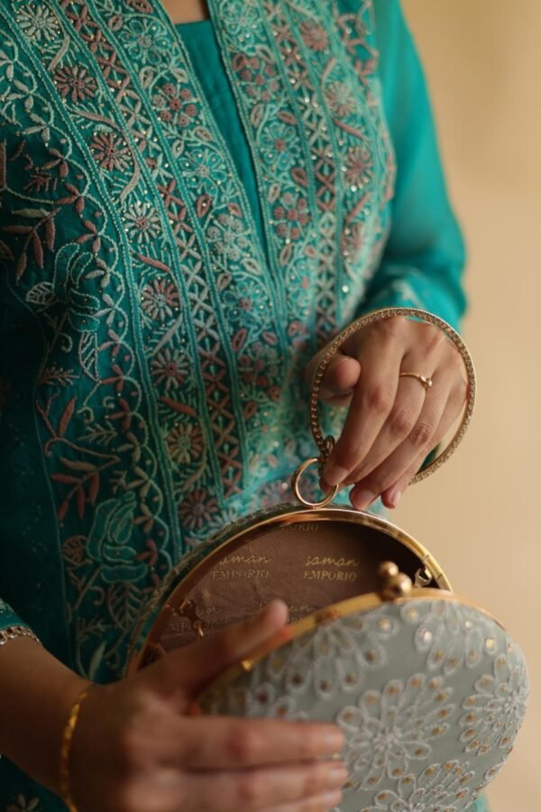 Round Shape Blue Pure Georgette Mukaish Kamdani Sling Clutch - Image 6