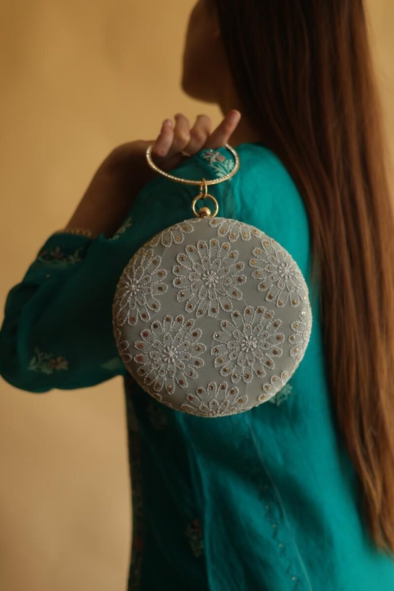 Round Shape Blue Pure Georgette Mukaish Kamdani Sling Clutch