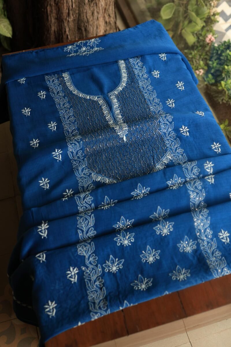Royal Blue Daraz Chanderi Chikankari Kurta Fabrics