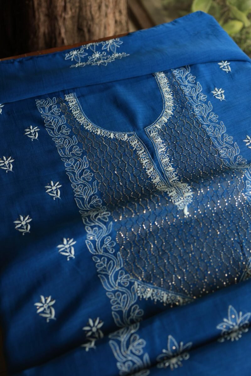 Royal Blue Daraz Chanderi Chikankari Kurta Fabrics
