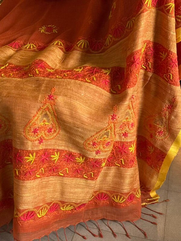 Rust Shade Silk Gheecha Palla Kota Chikankari Saree - Image 2