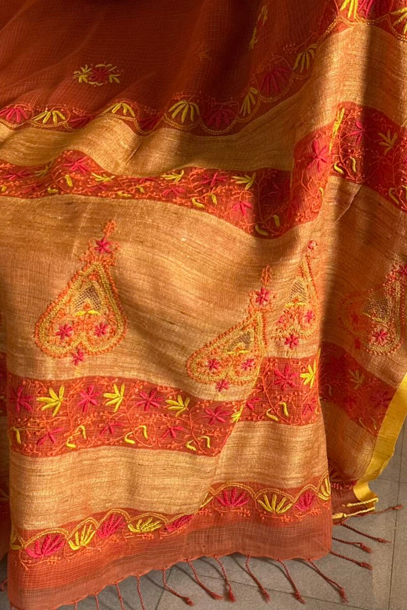 Rust Shade Silk Gheecha Palla Kota Chikankari Saree