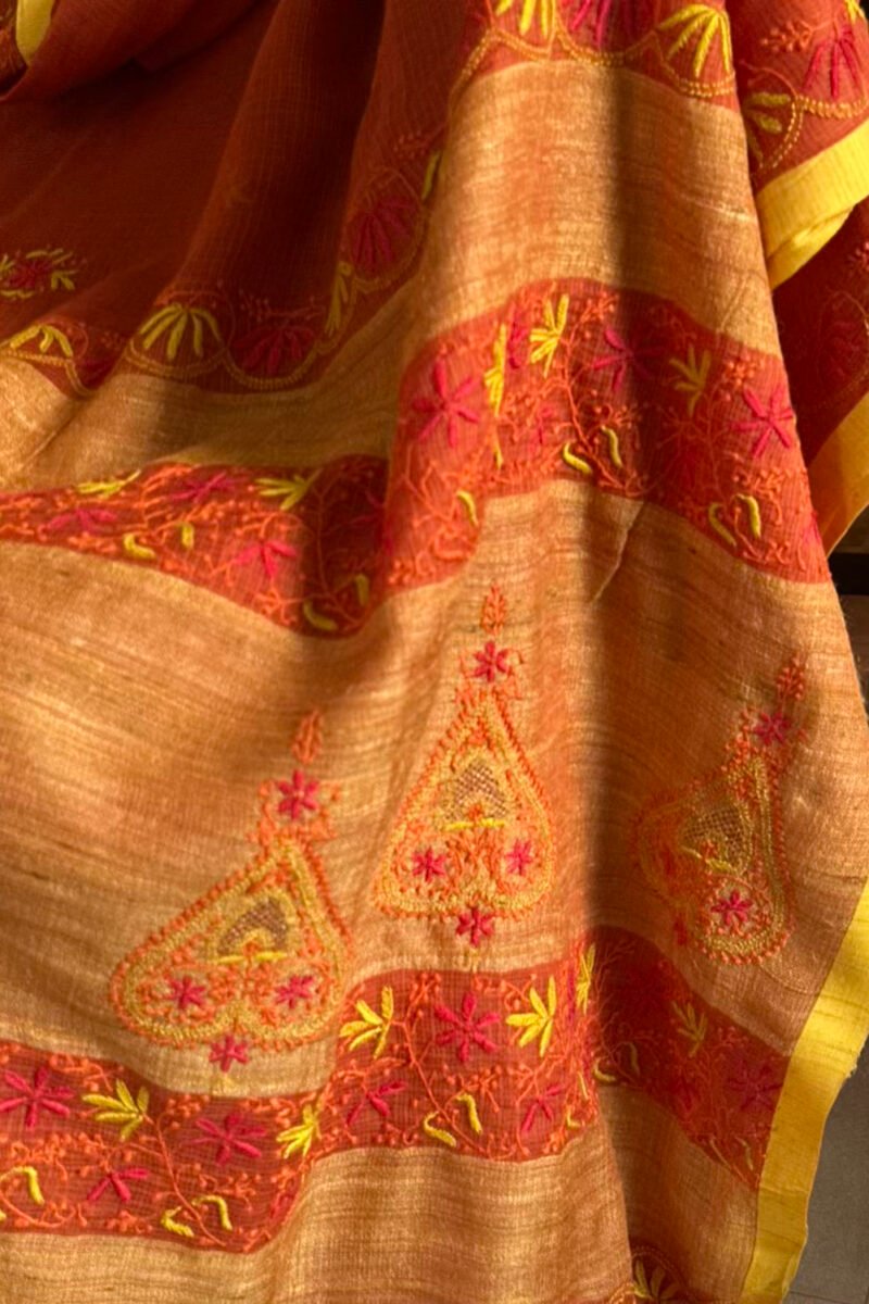 Rust Shade Silk Gheecha Palla Kota Chikankari Saree