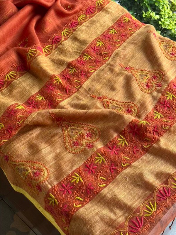 Rust Shade Silk Gheecha Palla Kota Chikankari Saree