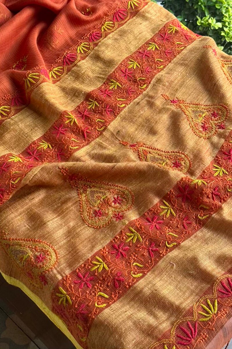 Rust Shade Silk Gheecha Palla Kota Chikankari Saree