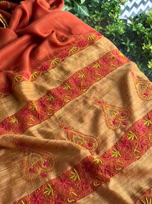 Rust Shade Silk Gheecha Palla Kota Chikankari Saree - Image 5