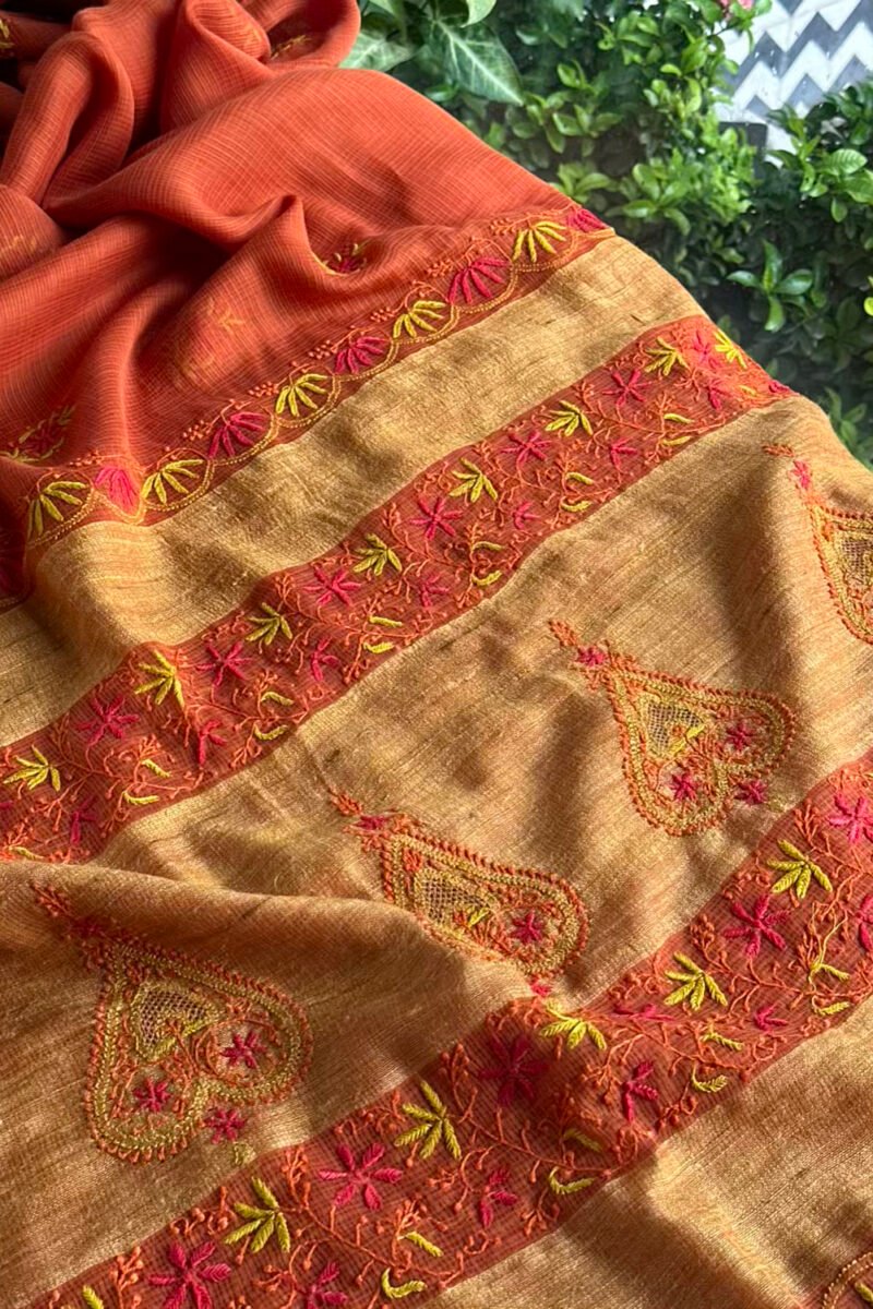 Rust Shade Silk Gheecha Palla Kota Chikankari Saree