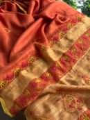 Rust Shade Silk Gheecha Palla Kota Chikankari Saree