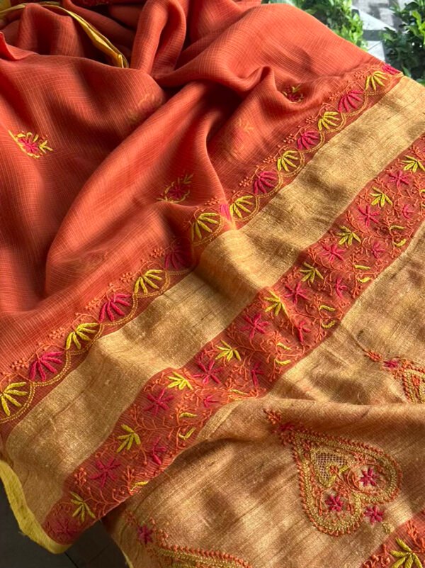 Rust Shade Silk Gheecha Palla Kota Chikankari Saree - Image 6