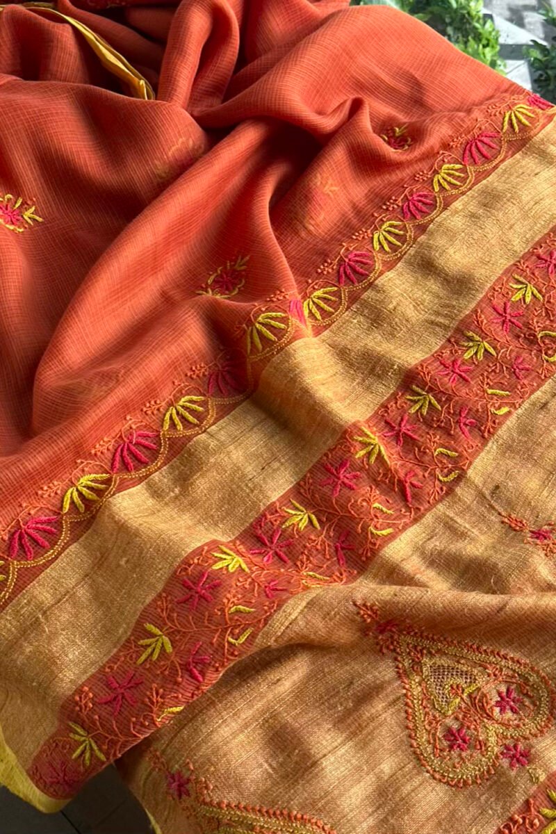 Rust Shade Silk Gheecha Palla Kota Chikankari Saree
